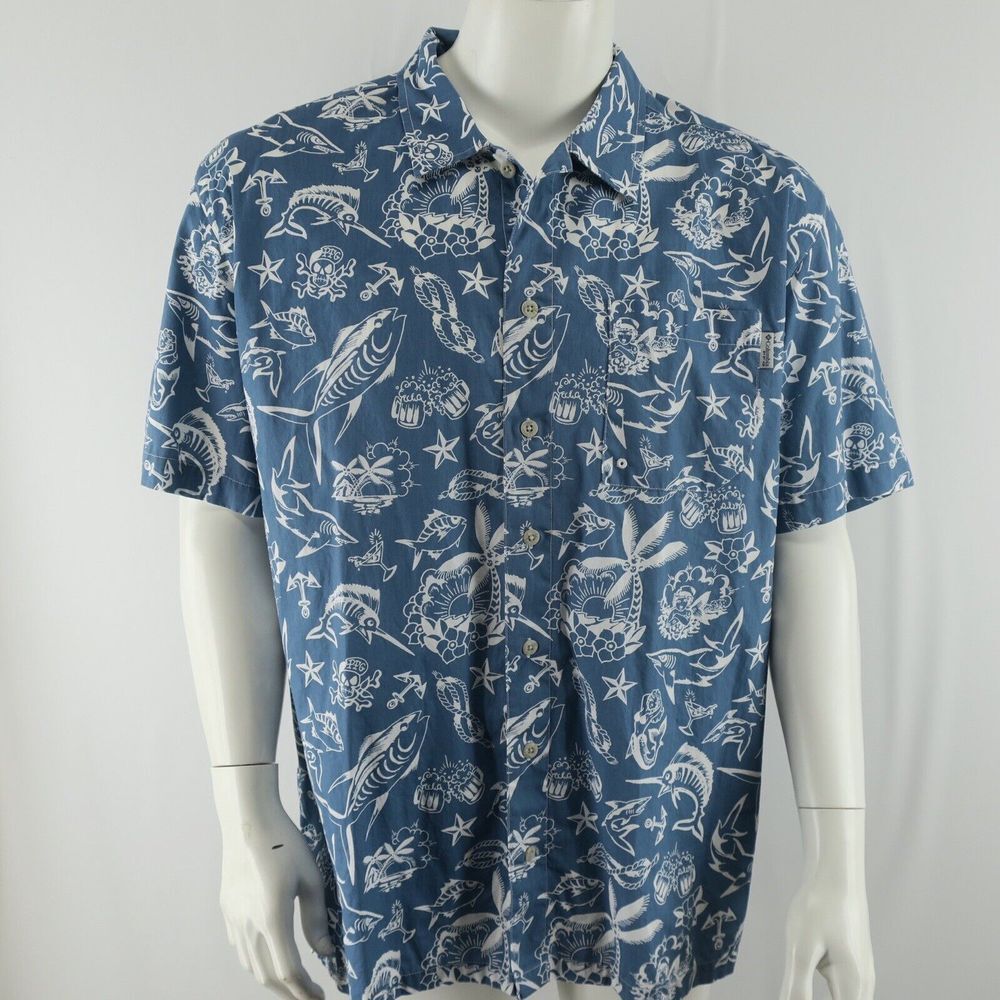 Columbia PFG Men's Fishing Vented Shirt‎ Size Large Blue Skulls Mermaid Fish